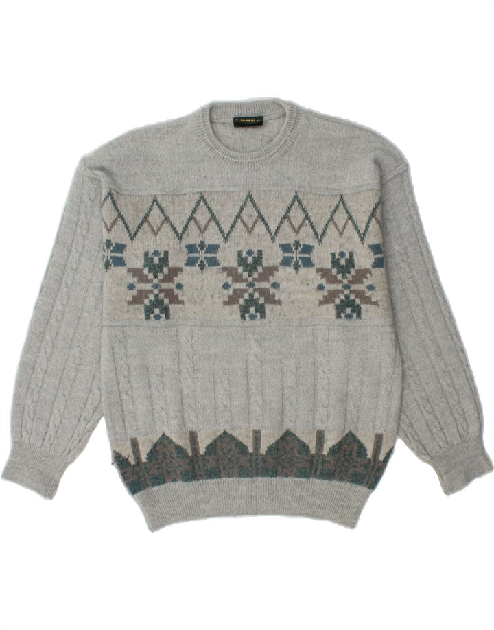 VINTAGE Mens Crew Neck Jumper Sweater Medium Grey Fair Isle Vintage Vintage and Second-Hand Vintage from Messina Hembry 
