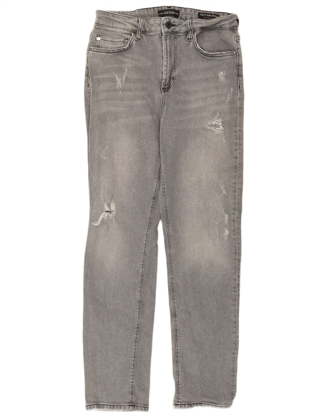 Guess Calça jeans feminina cintura alta desgastada reta W29 L27 algodão cinza