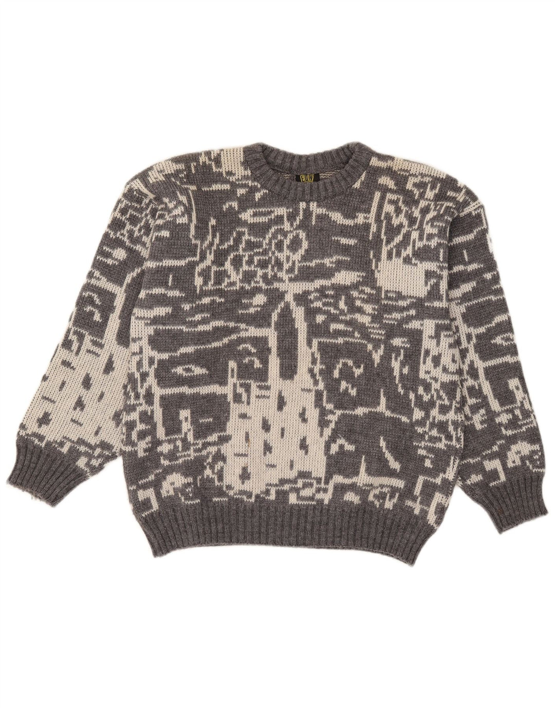 Suéter vintage masculino abstrato com gola redonda e gola pequena cinza