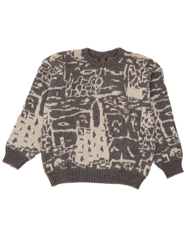 Suéter vintage masculino abstrato com gola redonda e gola pequena cinza