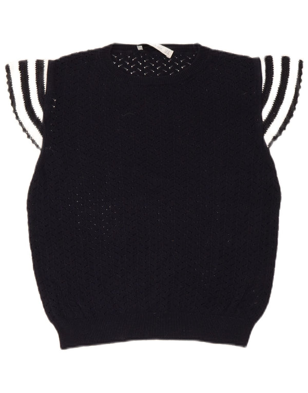 Zara blusa feminina de malha cortada top Reino Unido 12 algodão listrado azul marinho médio
