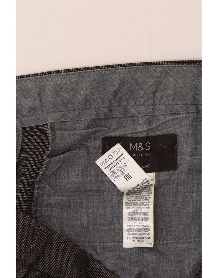 Calça masculina de terno regular Marks & Spencer W36 L29 poliéster xadrez cinza