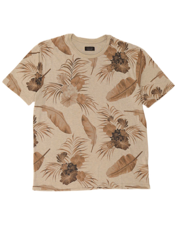 Zara Camiseta masculina gráfica Top XL Bege Floral Poliéster