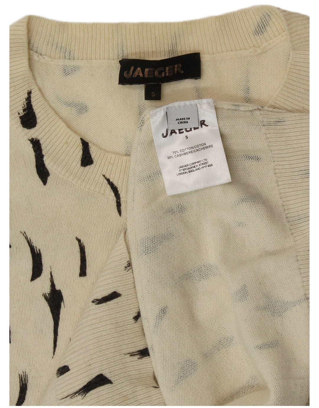 Suéter feminino Jaeger com gola redonda e algodão manchado branco pequeno UK 8