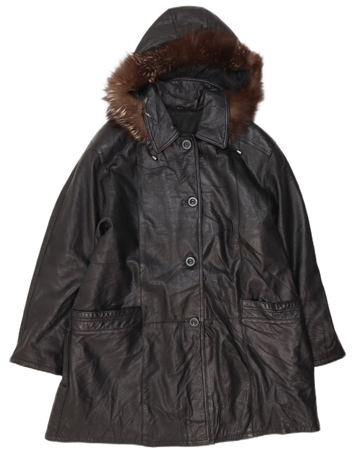 Casaco feminino de couro com capuz grande VINTAGE IT 48 XL couro preto