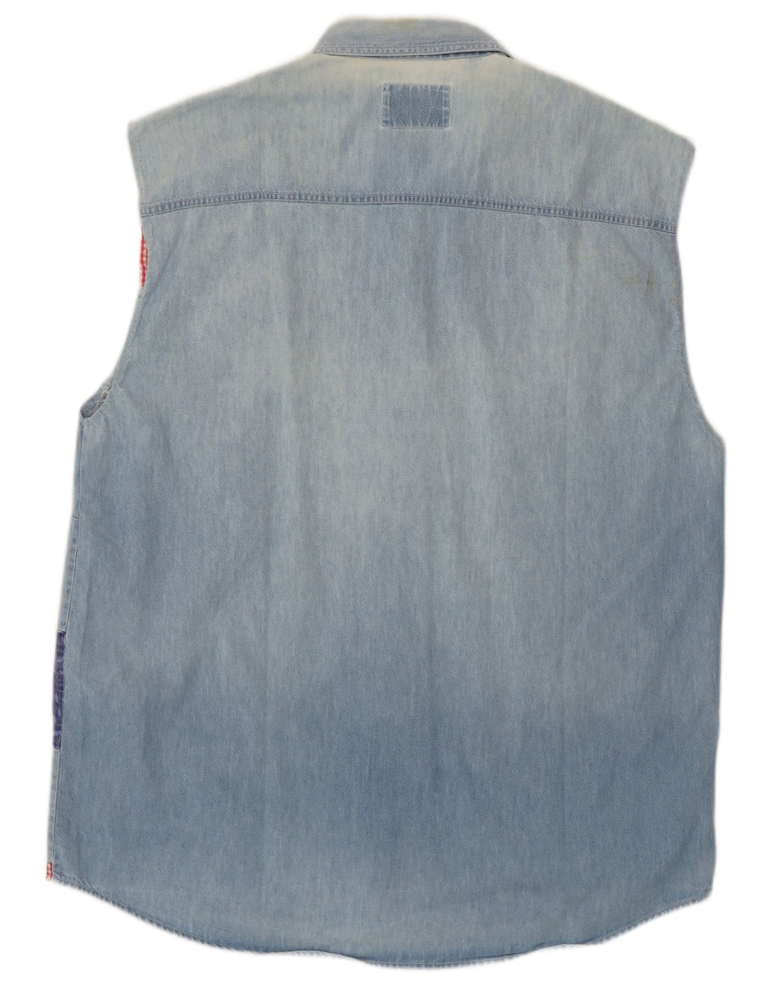 Camisa jeans masculina sem mangas Wampum grande patchwork azul
