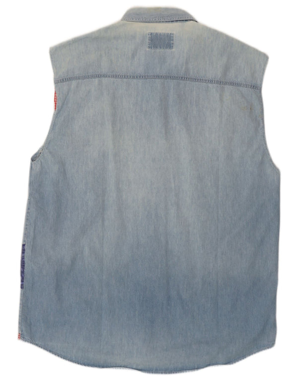 Camisa jeans masculina sem mangas Wampum grande patchwork azul