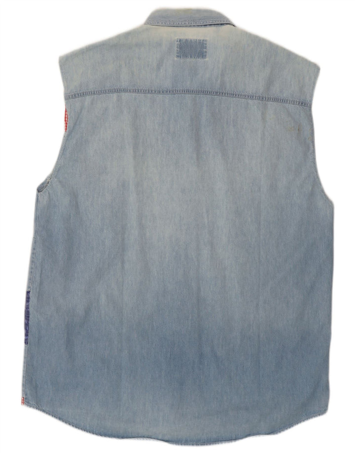 Camisa jeans masculina sem mangas Wampum grande patchwork azul