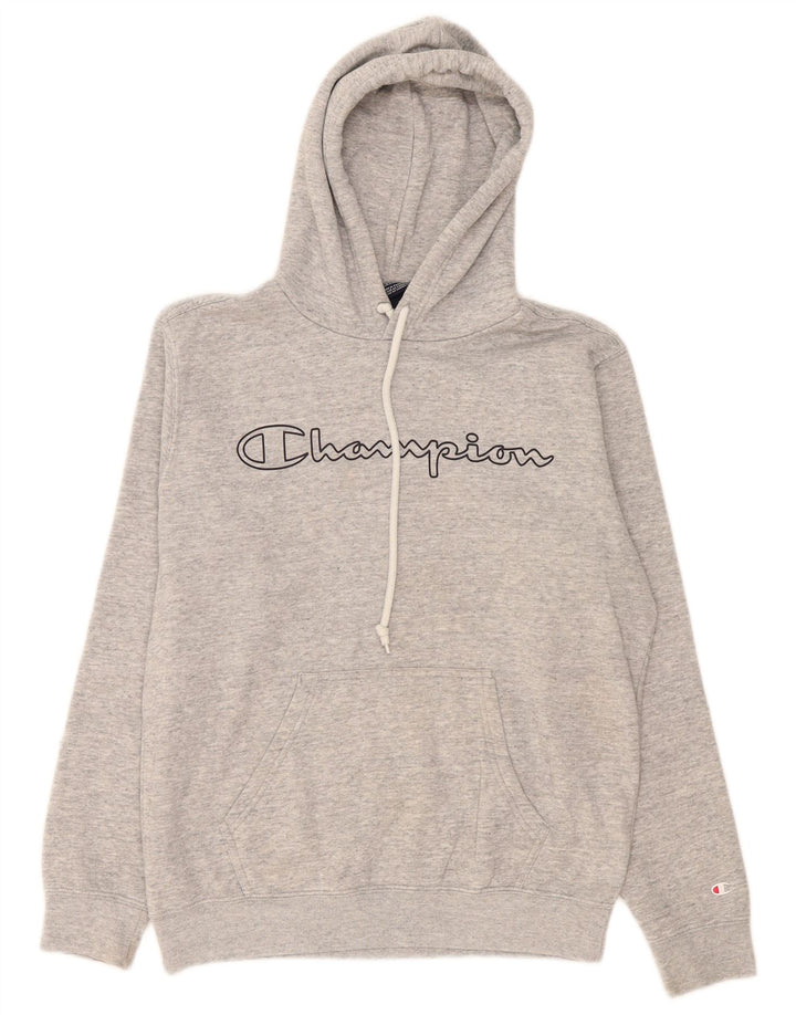 Jumper masculino com capuz gráfico Champion algodão manchado cinza médio