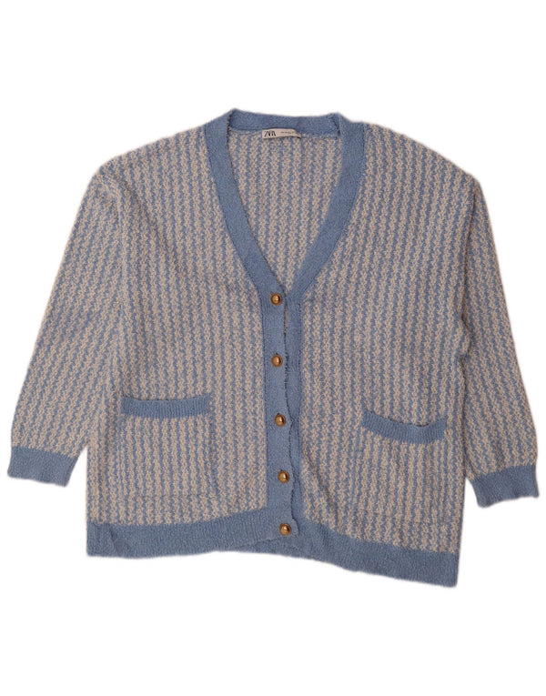 Suéter cardigã feminino grande Zara Reino Unido 14 algodão geométrico azul médio