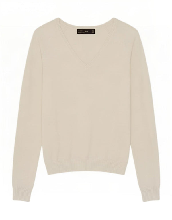 Suéter feminino Zara com decote em V Reino Unido 12 algodão branco médio