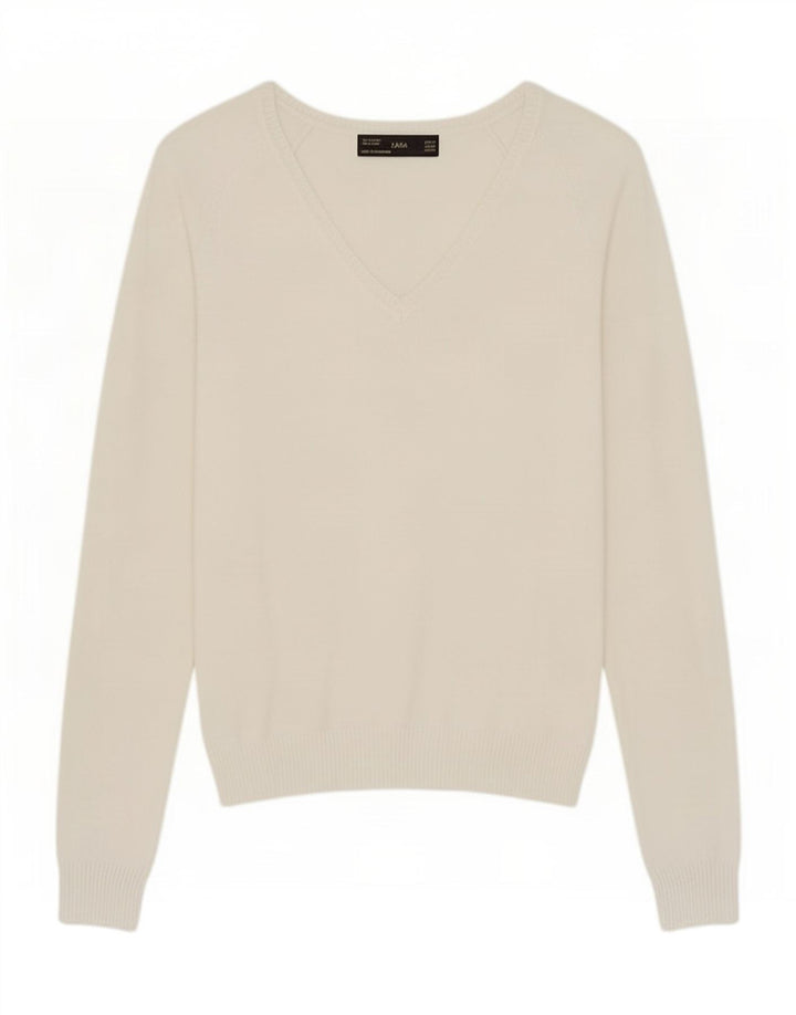 Suéter feminino Zara com decote em V Reino Unido 12 algodão branco médio