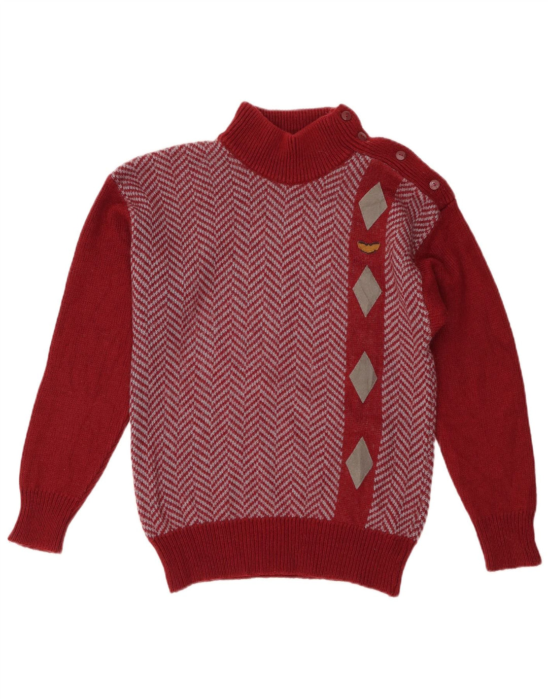 Suéter feminino vintage com gola redonda e botão UK 12 acrílico vermelho médio