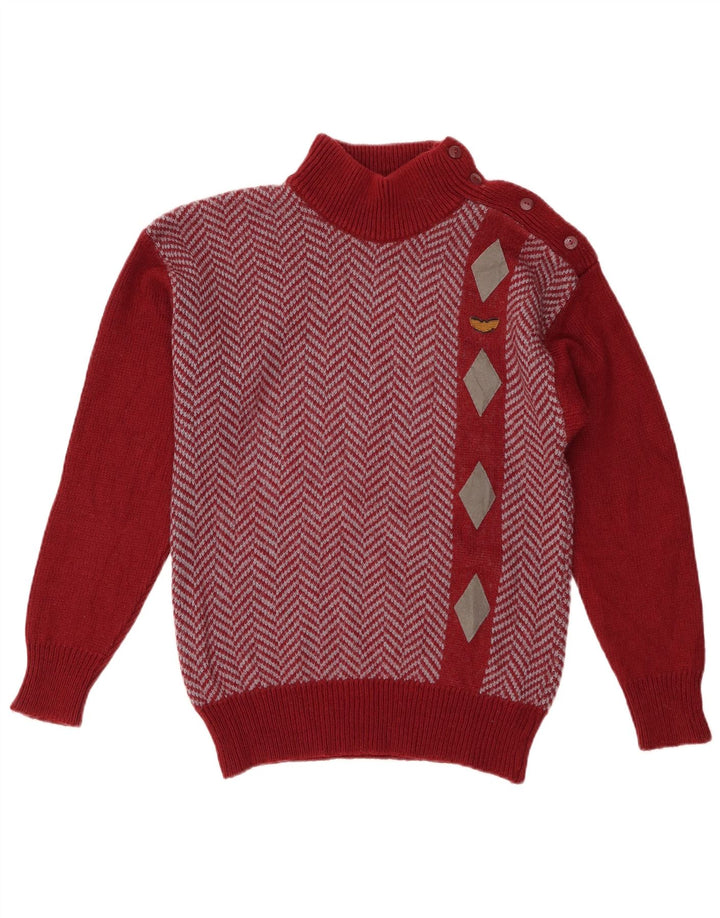 Suéter feminino vintage com gola redonda e botão UK 12 acrílico vermelho médio