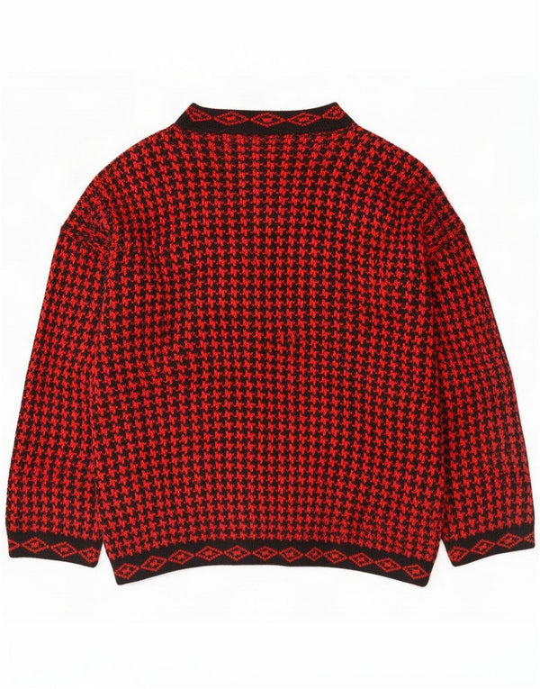 Suéter cardigã feminino vintage Reino Unido 18 XL vermelho Houndstooth acrílico