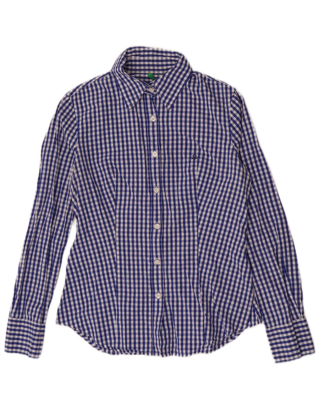 Camisa feminina Benetton UK 10 pequena azul marinho guingão