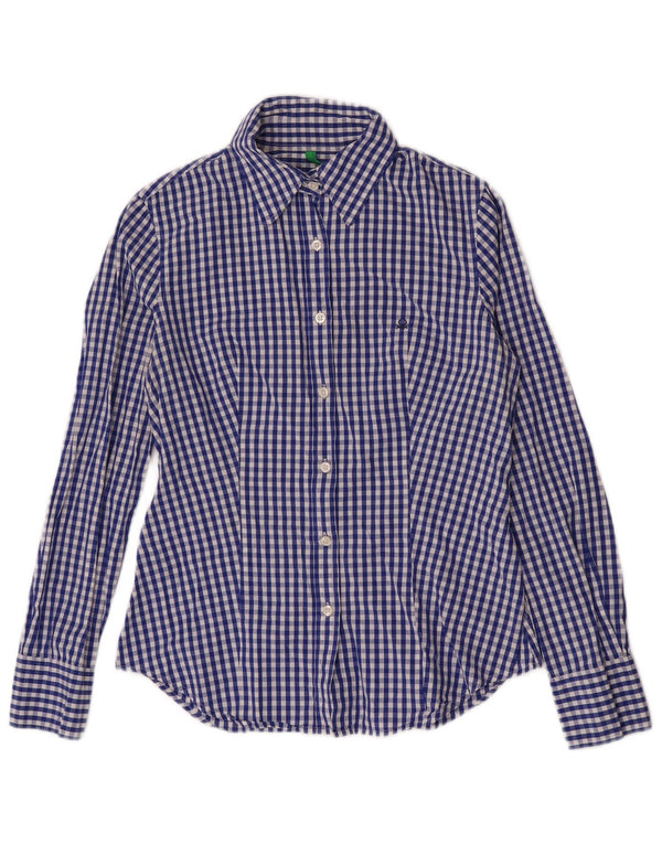 Camisa feminina Benetton UK 10 pequena azul marinho guingão