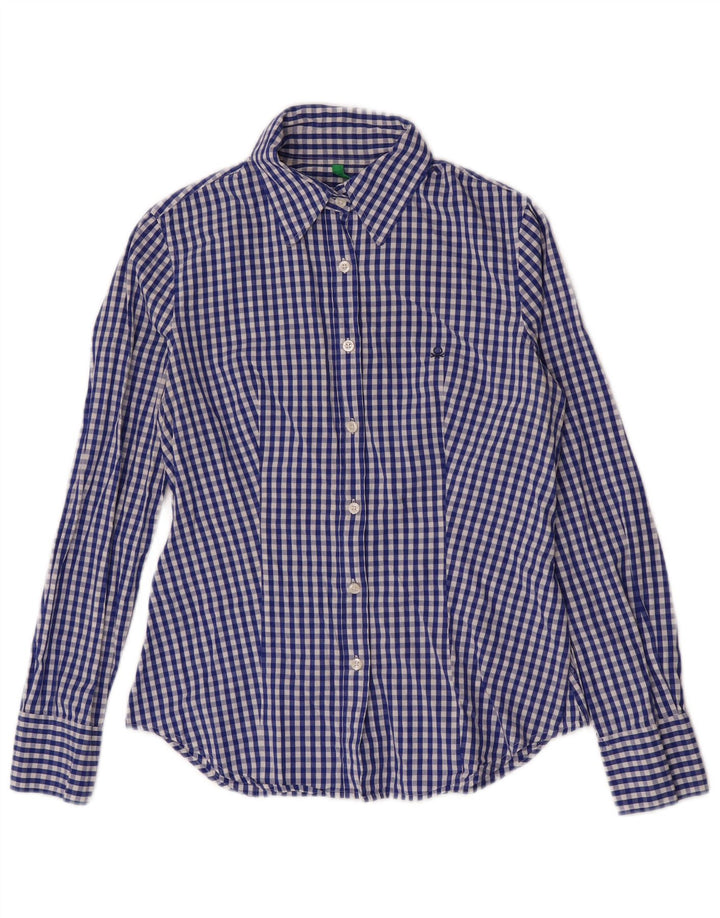 Camisa feminina Benetton UK 10 pequena azul marinho guingão