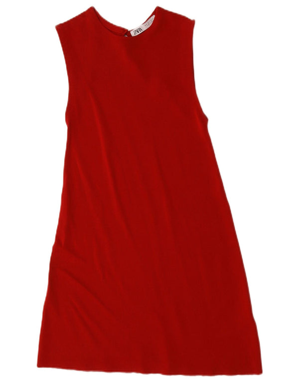 Vestido feminino Zara sem mangas evasê UK 8 pequeno viscose vermelha
