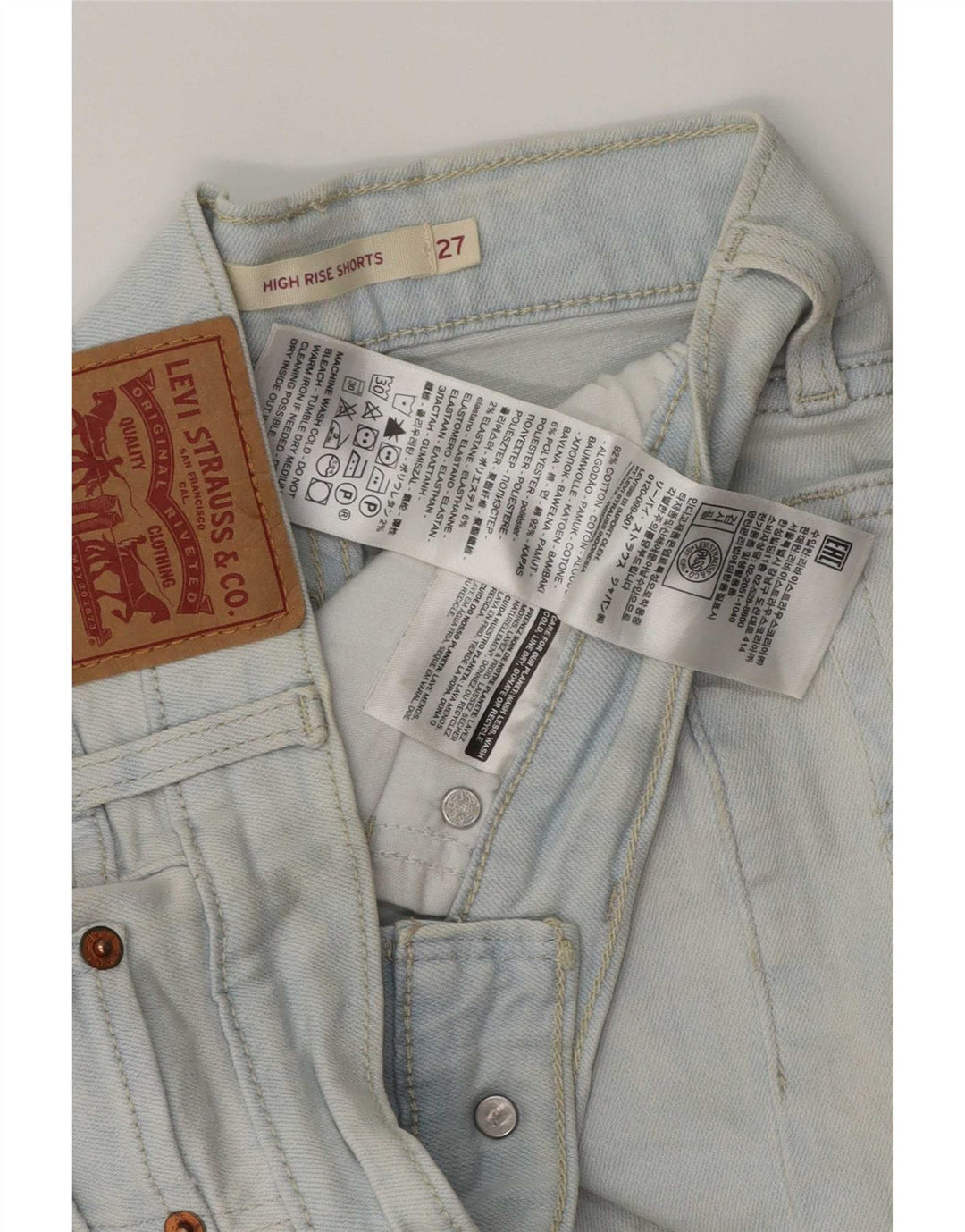 Shorts jeans feminino de cintura alta Levi's W27 pequeno algodão azul