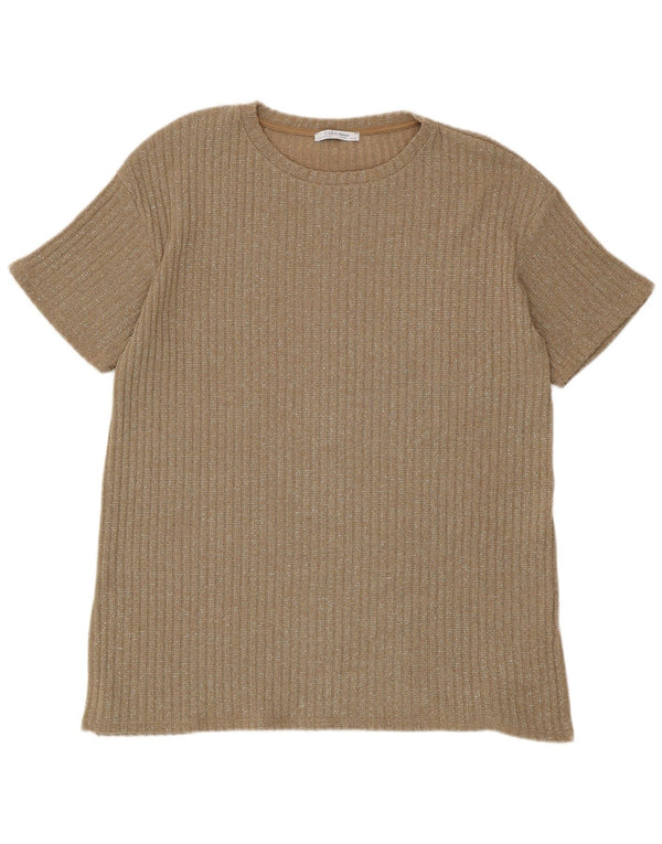 Camiseta feminina Zara Trafaluc Top UK 16 grande poliéster manchado marrom