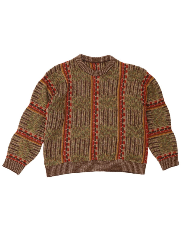 Suéter feminino vintage com gola redonda Reino Unido 16 grande listrado cáqui