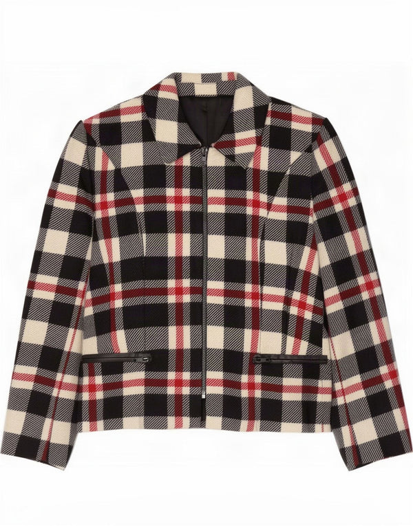 Jaqueta blazer feminina vintage com zíper completo Reino Unido 14 grande lã xadrez multicolorida