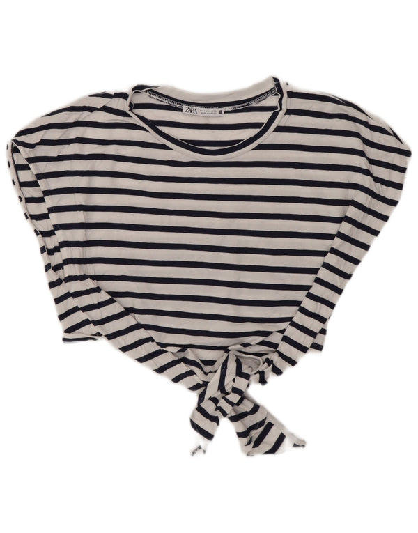 Zara Blusa Feminina Crop Front Tie Top Reino Unido 10 Pequeno Azul Marinho Listrado