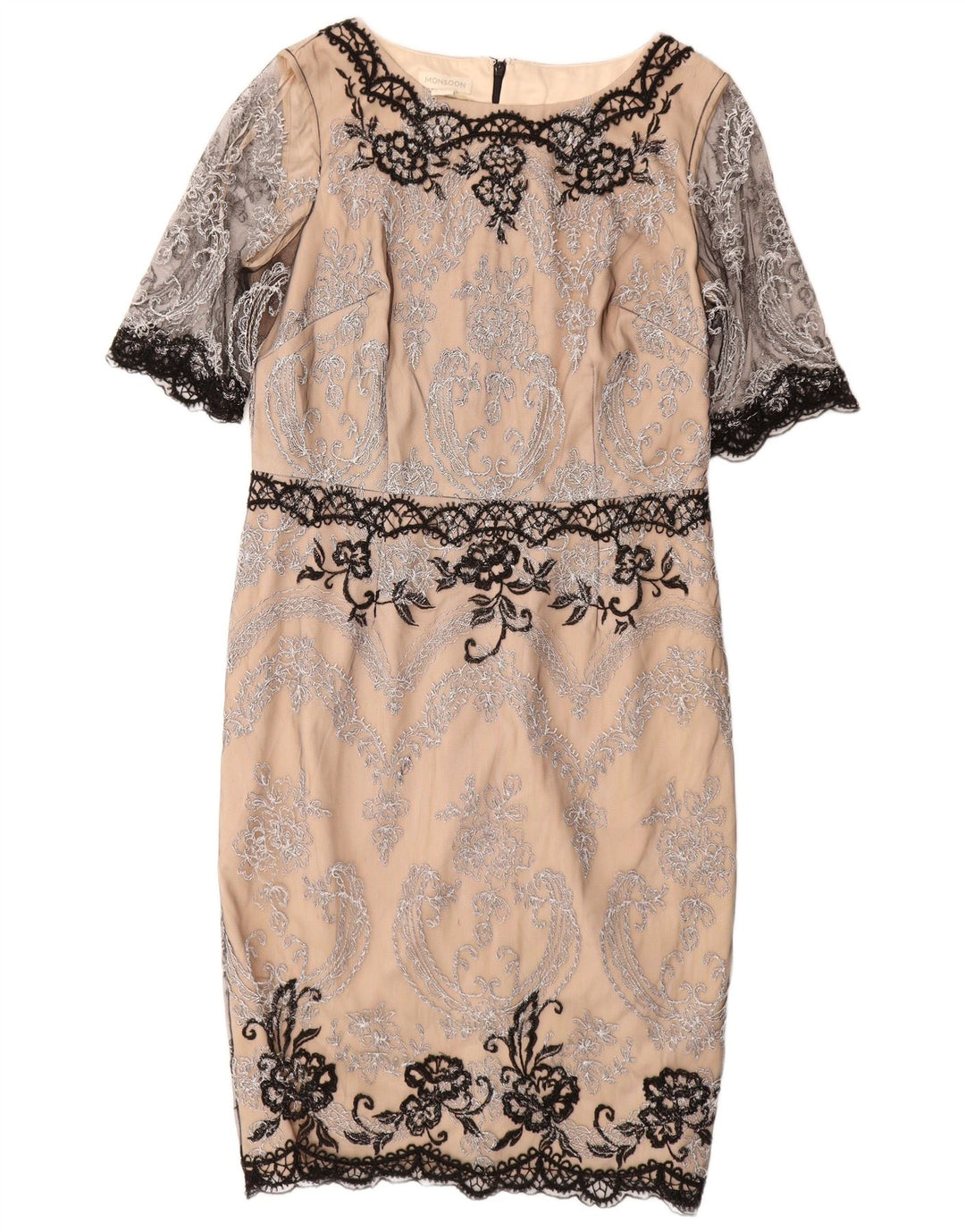 Vestido feminino MONSOON com bainha de renda Reino Unido 14 grande bege paisley nylon