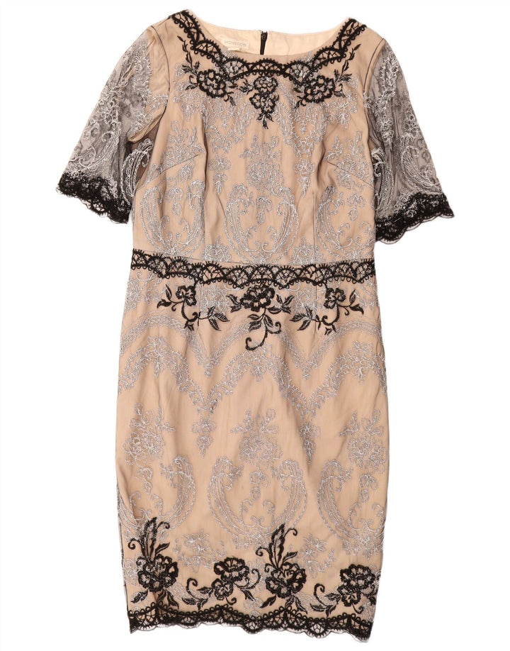 Vestido feminino MONSOON com bainha de renda Reino Unido 14 grande bege paisley nylon