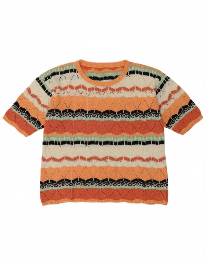 Suéter feminino vintage com gola redonda UK 14 médio laranja geométrico