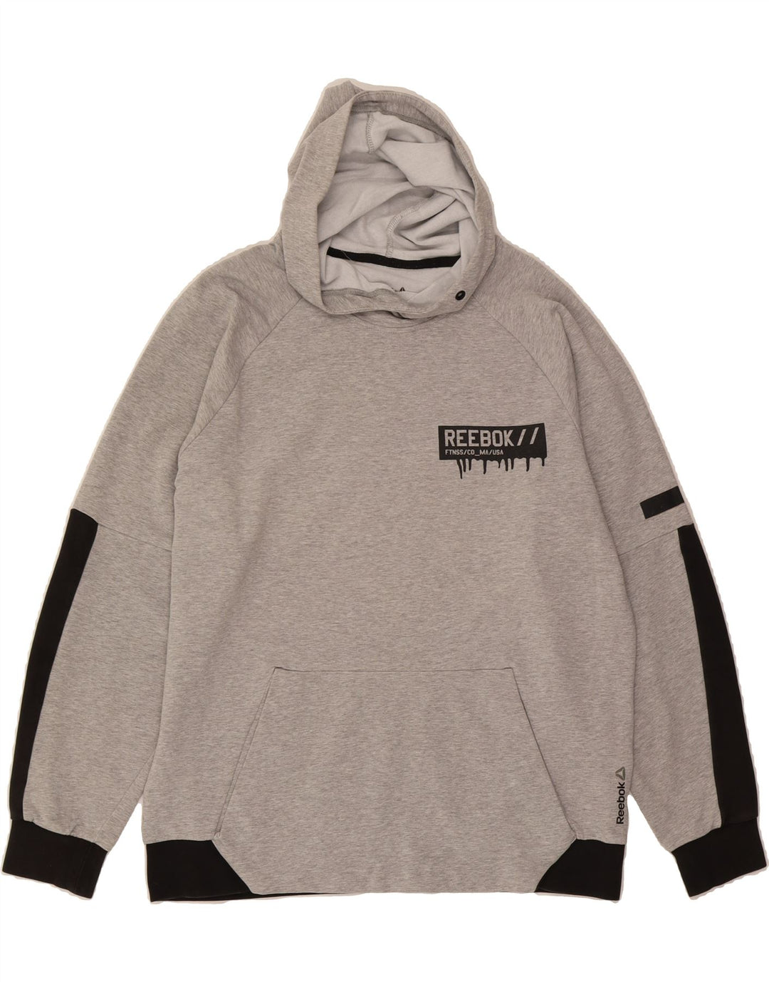 REEBOK Mens Graphic Hoodie Jumper Large Grey Colourblock Cotton Vintage Reebok and Second-Hand Reebok from Messina Hembry 