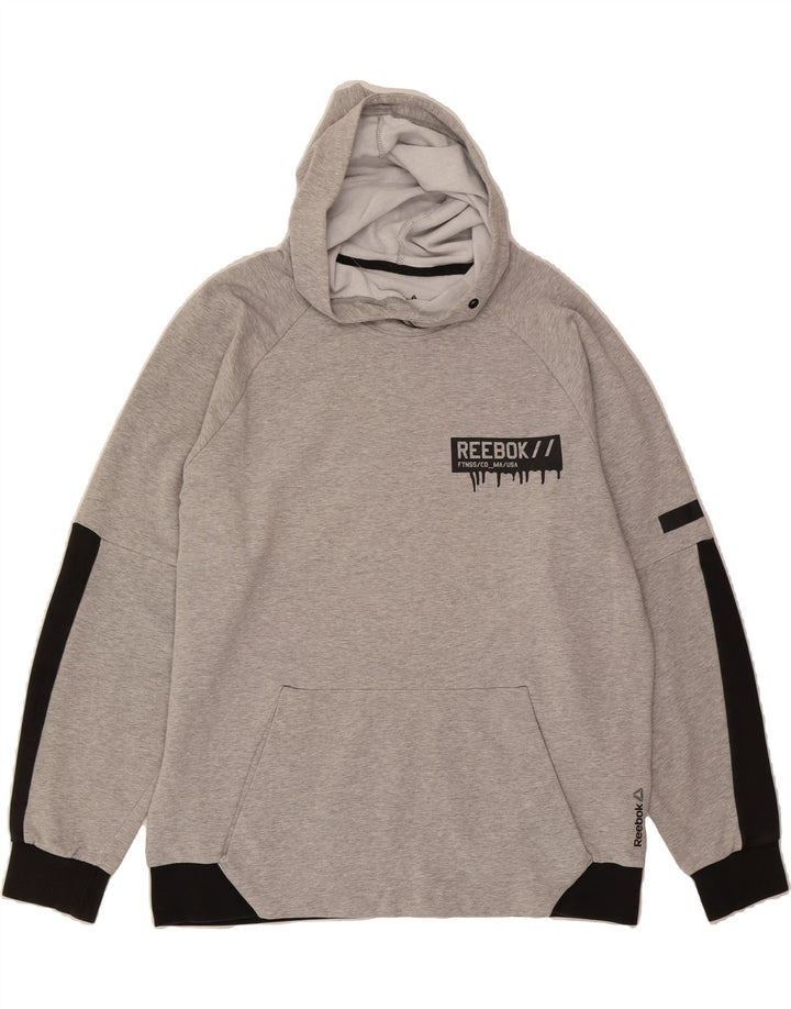 REEBOK Mens Graphic Hoodie Jumper Large Grey Colourblock Cotton Vintage Reebok and Second-Hand Reebok from Messina Hembry 