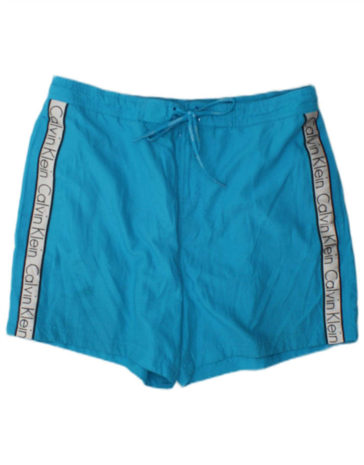 Shorts de natação masculino Calvin Klein gráfico grande bloco colorido azul