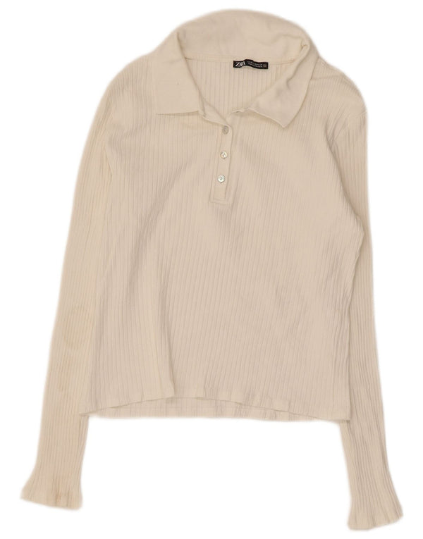 Camisa polo feminina Zara Crop manga comprida Reino Unido 18 XL algodão branco