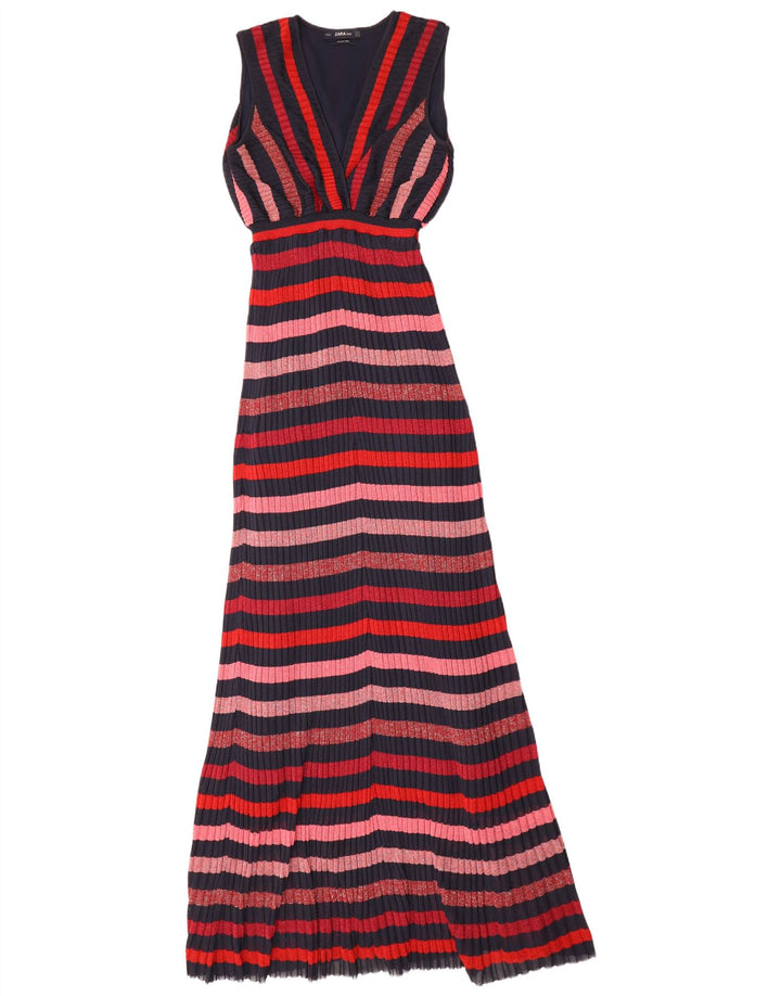 Vestido maxi feminino sem mangas Zara UK 12 médio listrado multicolorido