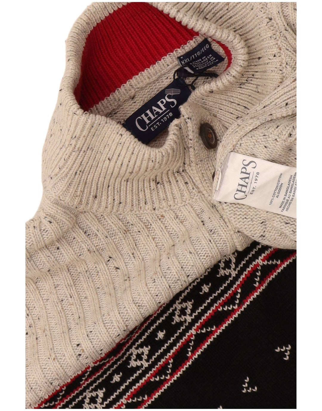 Suéter masculino Chaps com gola e botão 2XL cinza Fair Isle algodão
