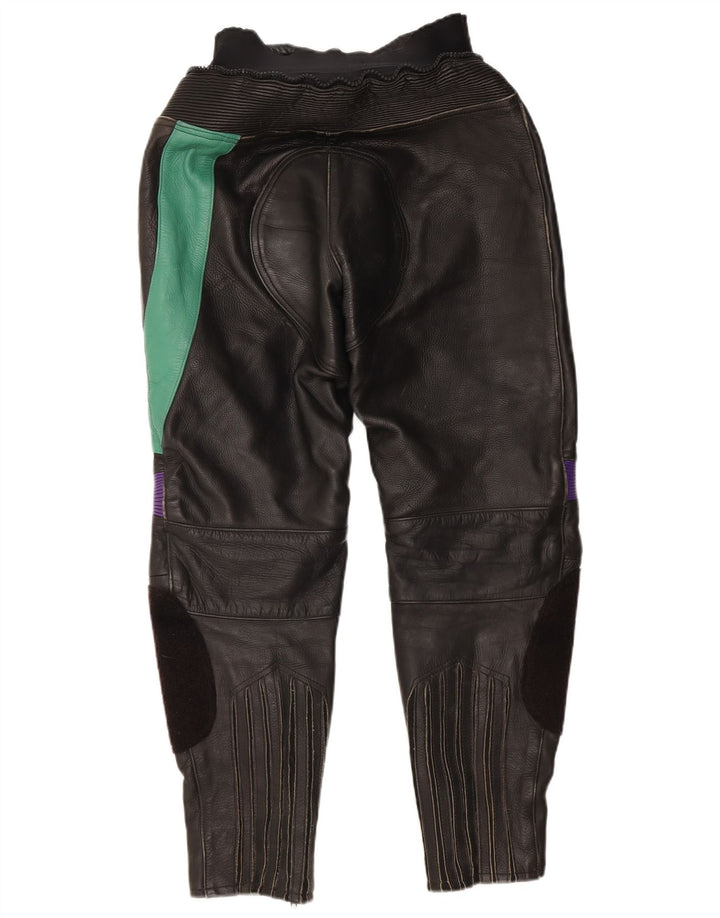 Calça feminina VINTAGE EU 38 médio W28 L27 couro colorblock preto