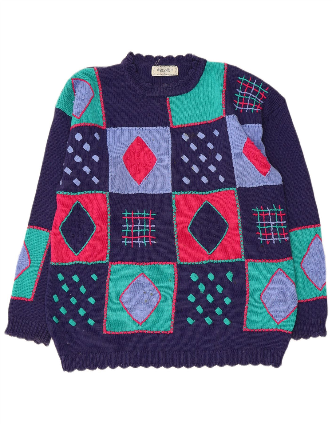 Suéter feminino VINTAGE com gola redonda UK 14 patchwork azul marinho médio