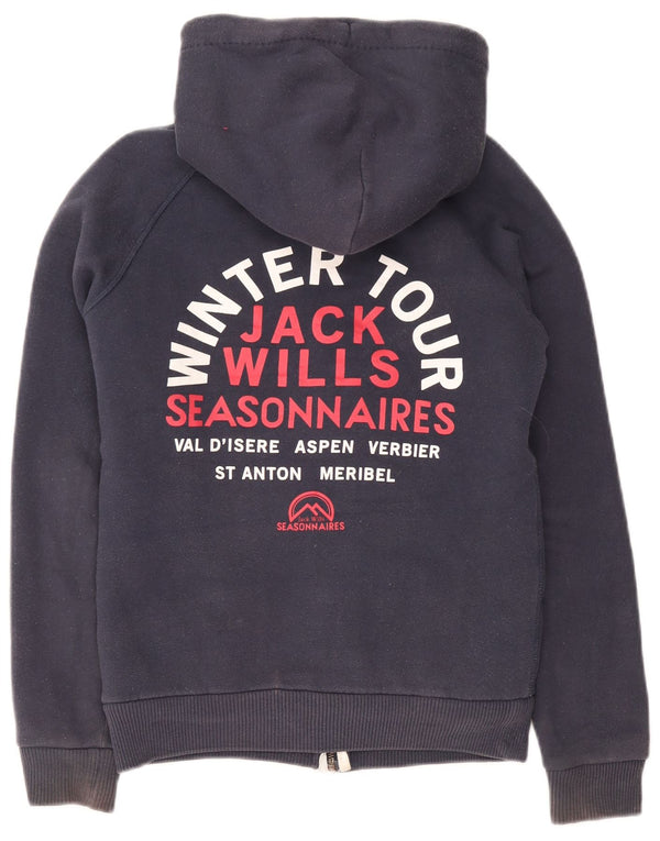 Jack Wills Suéter feminino com capuz e zíper Sherpa gráfico Reino Unido 8 pequeno azul marinho