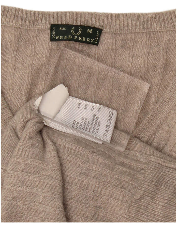 Suéter feminino FRED PERRY com decote em V Reino Unido 12 lã cinza médio