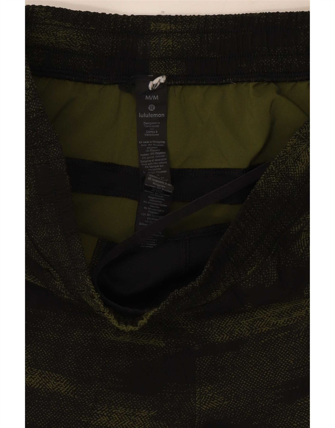 Shorts esportivos masculinos Lululemon poliéster camuflado verde médio