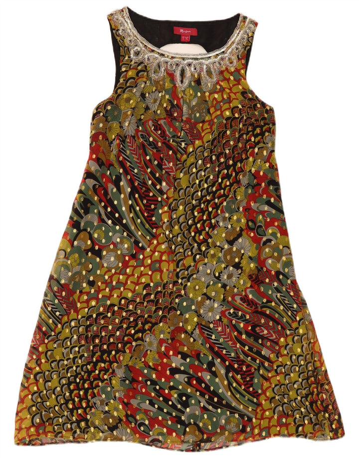 Vestido feminino monsoon sem mangas evasê UK 8 pequeno seda multicolorida