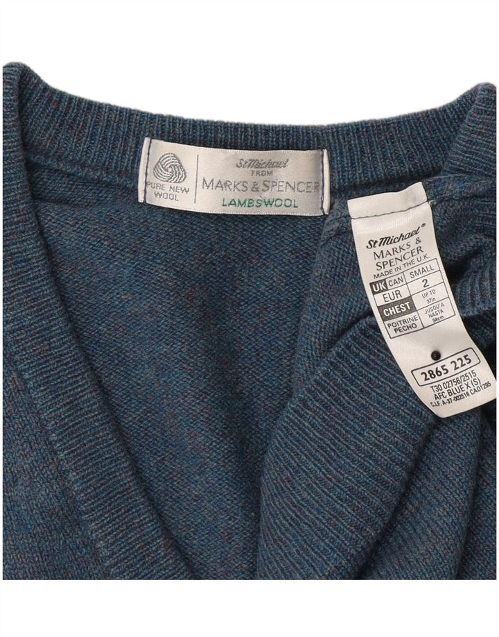 Suéter masculino Marks & Spencer com decote em V, lã de carneiro azul pequena
