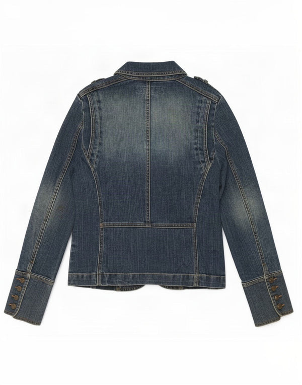 Jaqueta blazer jeans feminina Zara militar com 2 botões Reino Unido 14 grande algodão azul