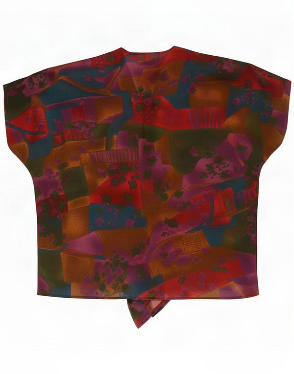 Blusa feminina vintage de manga curta com envoltório UK 16 grande vermelho geométrico