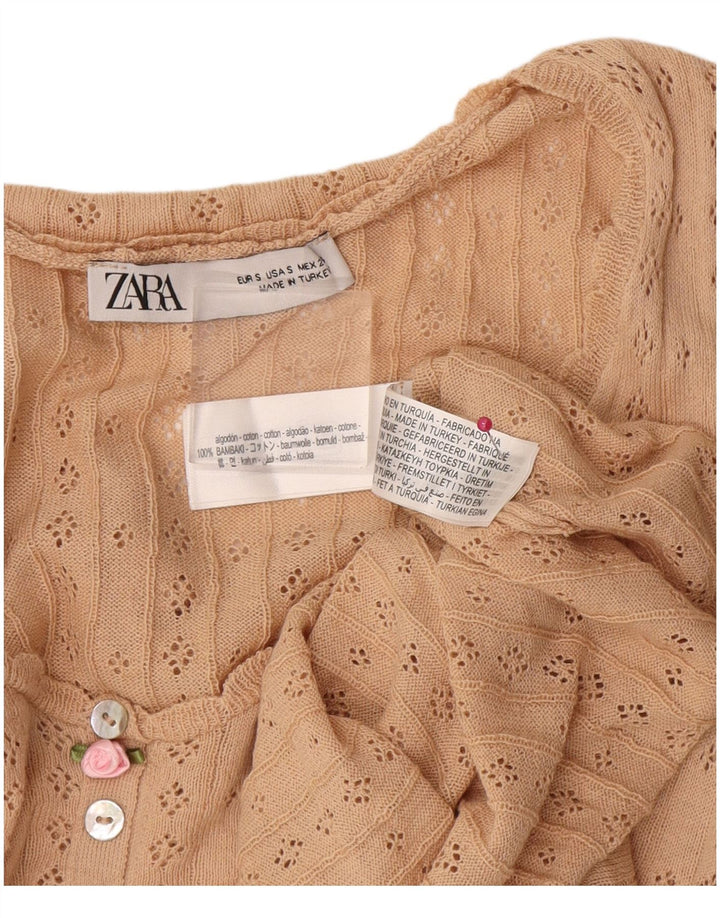 Top feminino Zara manga comprida UK 10 pequeno algodão bege