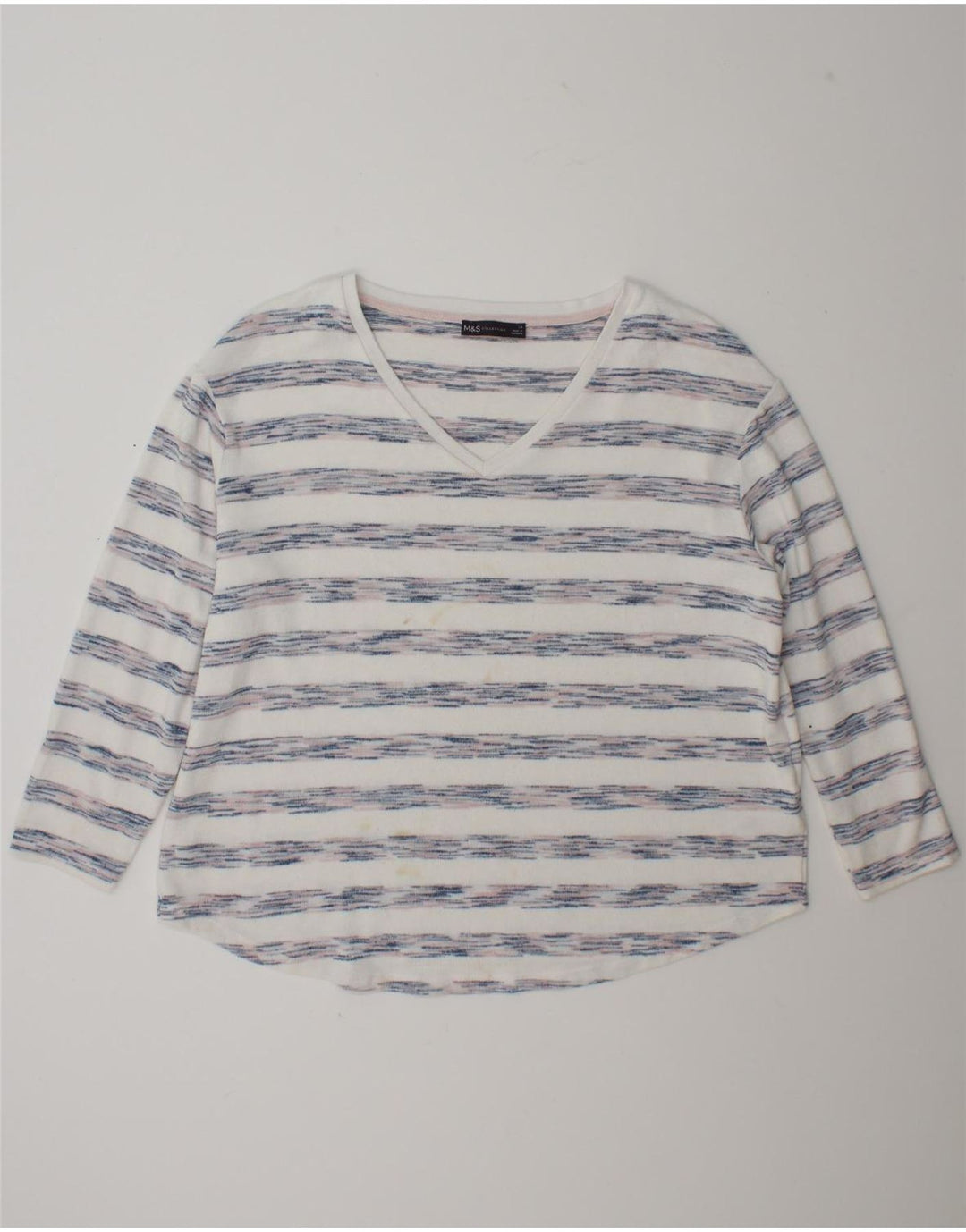 Top feminino Marks & Spencer manga comprida UK 18 XL viscose listrada branca