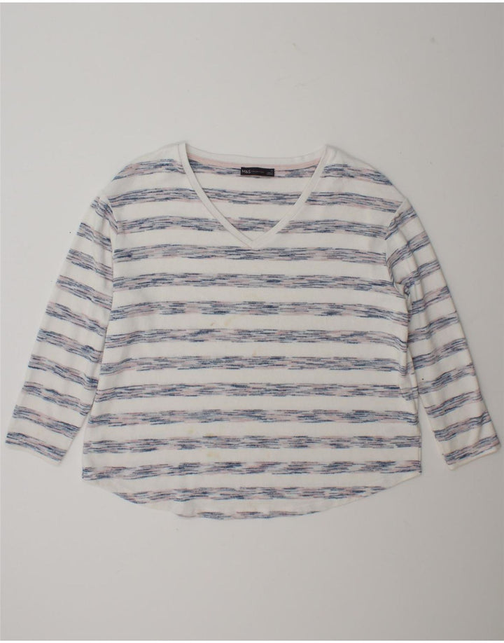 Top feminino Marks & Spencer manga comprida UK 18 XL viscose listrada branca