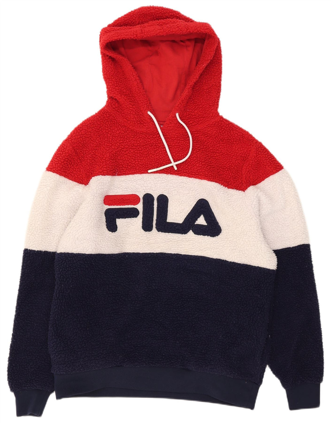FILA Suéter masculino de lã com capuz gráfico médio bloco colorido multicolorido
